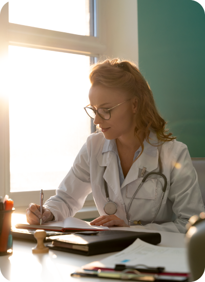 BSN student documenting clinical observations and healthcare research while receiving structured academic support for nursing capstone projects.